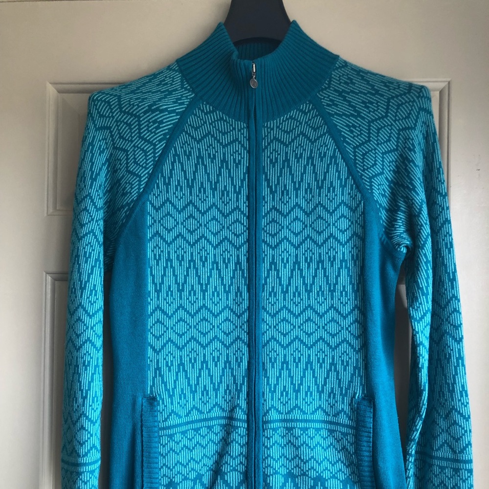 Athleta Cardigan Sweater Teal Zip. Medium.
